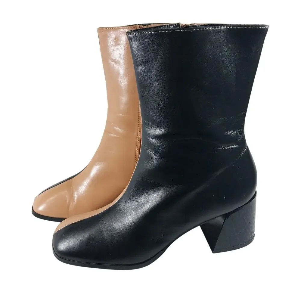 CODE Z! BLACK & TAN BEIGE SPLIT COLOR, CENTER SEAM, CHUNKY HEEL ANKLE BOOTS! 5M - Picture 12 of 12